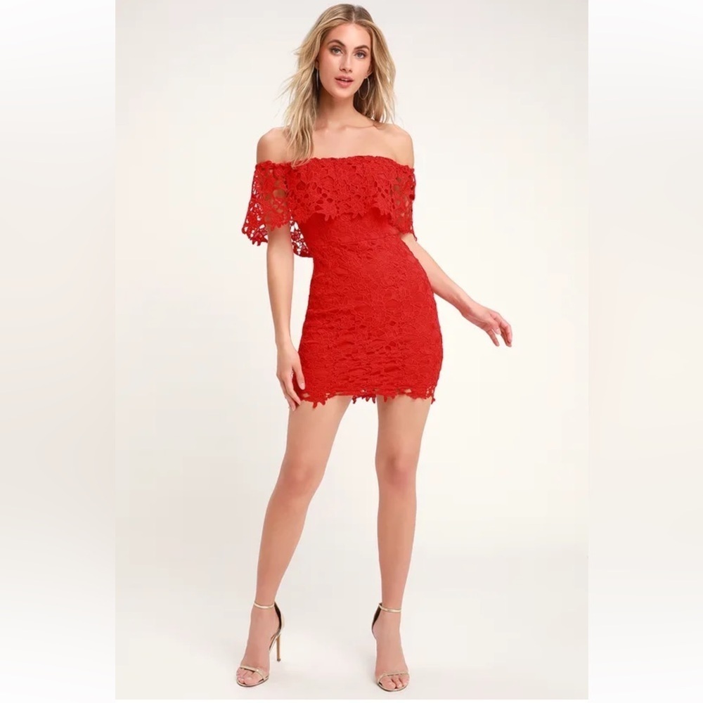 Lulu's Red Off-Shoulder Lace Mini Dress